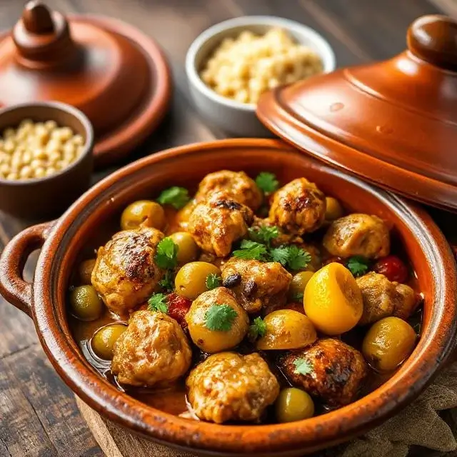 Tajine marocain au poulet avec citrons confits et olives vertes, présenté dans un plat traditionnel en terre cuite, sur une table en bois rustique.