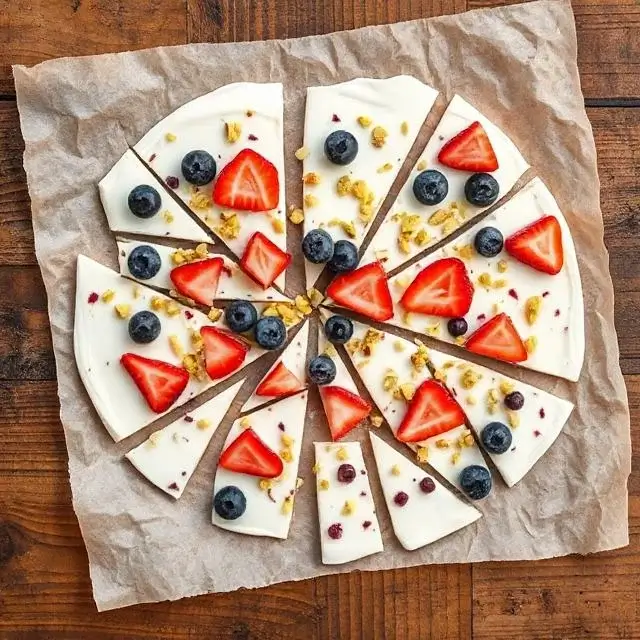 Écorce de Yogurt Bark garnie de fruits frais colorés, de noix et de graines sur une plaque recouverte de papier cuisson.