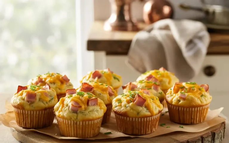 Muffins salés moelleux au jambon et fromage, dorés et fraîchement sortis du four, présentés dans des moules en papier sur une planche en bois.