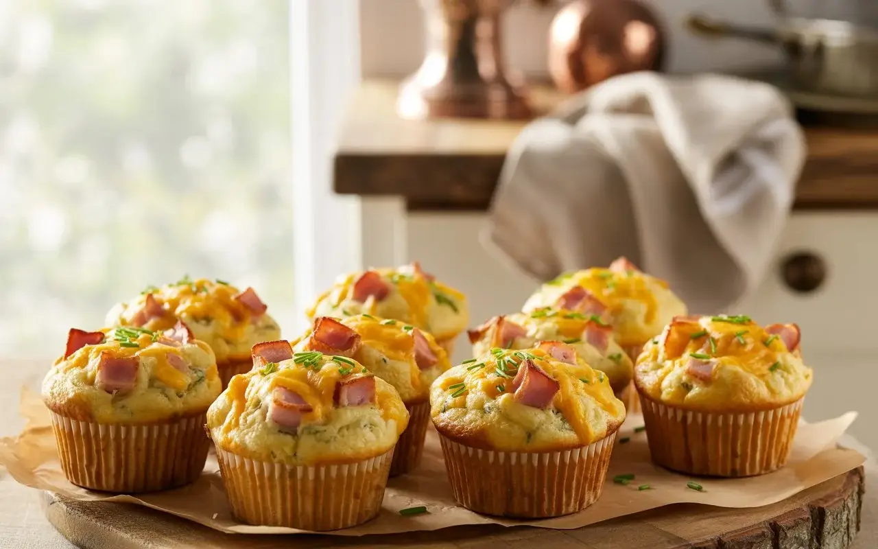 Muffins salés moelleux au jambon et fromage, dorés et fraîchement sortis du four, présentés dans des moules en papier sur une planche en bois.