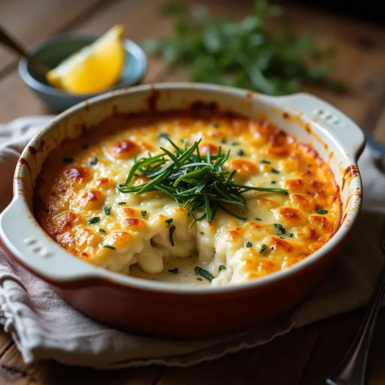 Gratin de poisson aux algues doré et croustillant, servi dans un plat en céramique rustique.