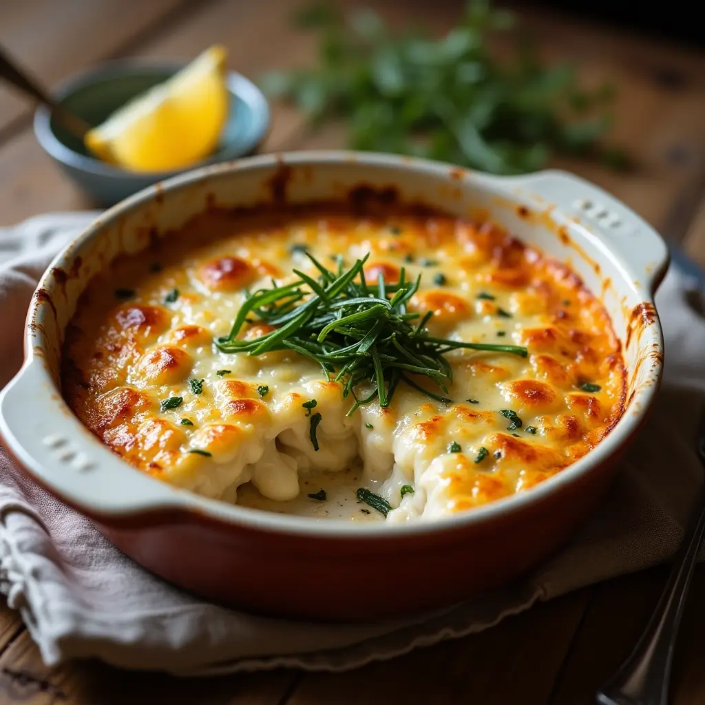 Gratin de poisson aux algues doré et croustillant, servi dans un plat en céramique rustique.