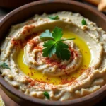 Baba Ghanoush libanais crémeux servi dans un bol en céramique, garni d’huile d’olive, de persil et de paprika, accompagné de pain pita.