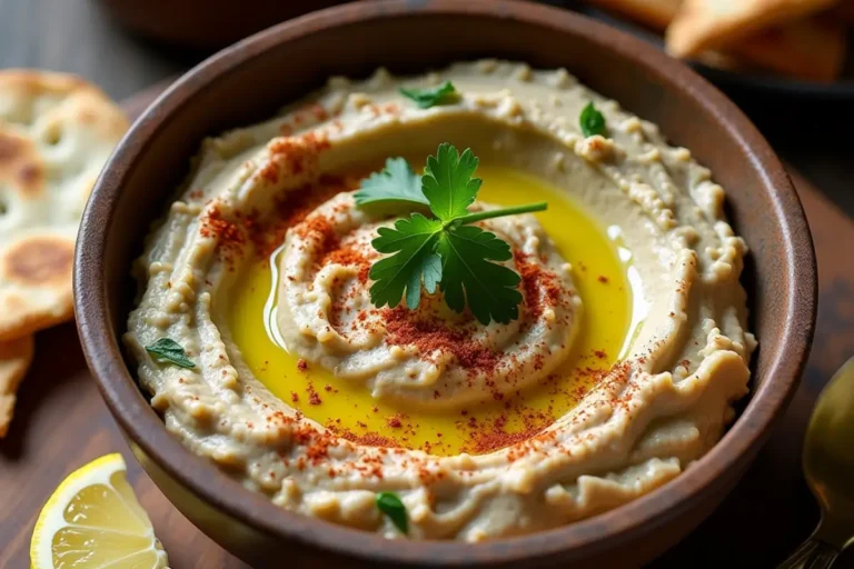 Baba Ghanoush libanais crémeux servi dans un bol en céramique, garni d’huile d’olive, de persil et de paprika, accompagné de pain pita.