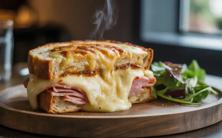 Croque-Monsieur au four doré et croustillant, tranché pour montrer le fromage fondu et la béchamel, servi avec une petite salade verte.