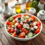 Salade grecque authentique Horiatiki avec feta, tomates, concombres, olives Kalamata et huile d'olive dans bol blanc