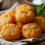 Boortsog fraîchement frits, biscuits mongols traditionnels, dorés et croustillants, disposés sur une assiette en bois rustique.