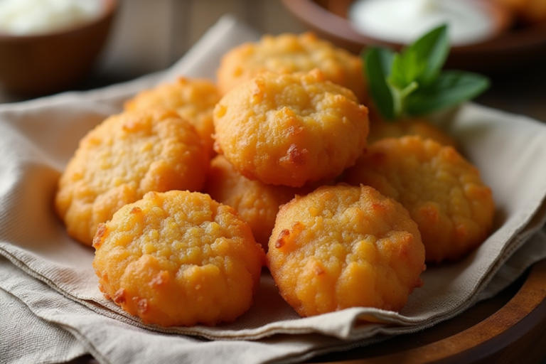 Boortsog fraîchement frits, biscuits mongols traditionnels, dorés et croustillants, disposés sur une assiette en bois rustique.