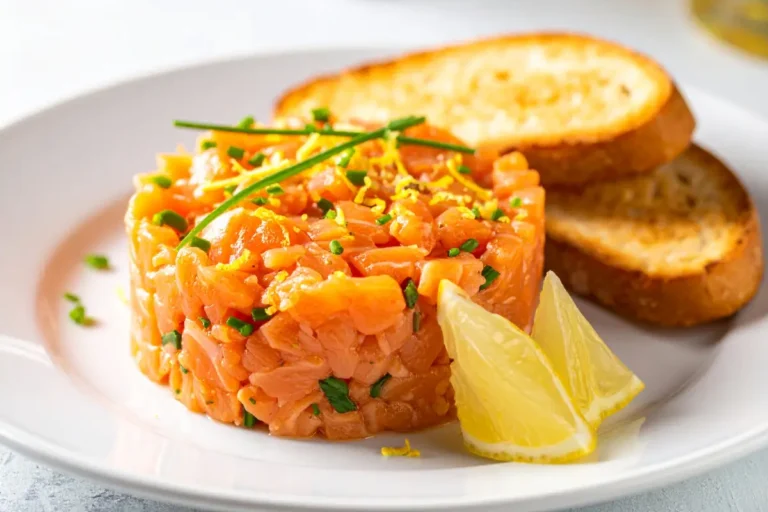Tartare de saumon servi dans un cercle sur une assiette blanche, garni de ciboulette fraîche et de zeste de citron, accompagné de tranches de pain grillé, style brasserie française.