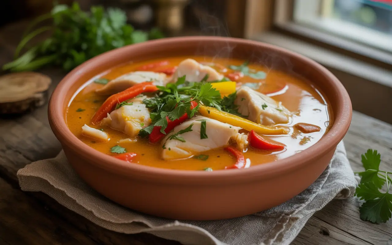 Moqueca brésilien authentique dans un pot en argile traditionnel, avec un ragoût de fruits de mer orange vif, poisson, poivrons, oignons et coriandre fraîche.
