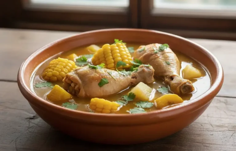 Soupe Sancocho colombienne avec poulet, maïs et légumes, servie dans un bol en céramique sur une table en bois.