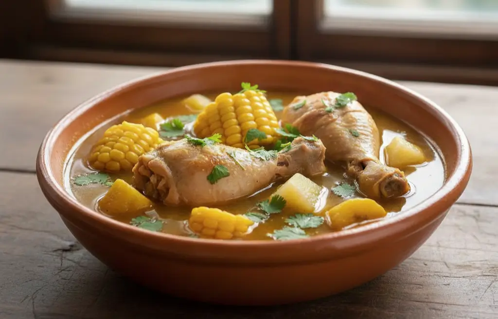 Soupe Sancocho colombienne avec poulet, maïs et légumes, servie dans un bol en céramique sur une table en bois.