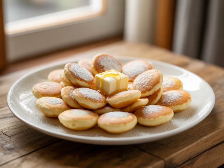 Poffertjes moelleuses servies sur une assiette blanche avec beurre et sucre glace