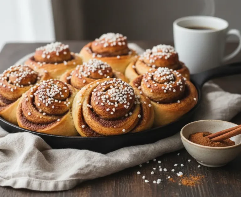 Kanelbullar suédois chauds dans une poêle en fonte, saupoudrés de sucre perlé, avec café.