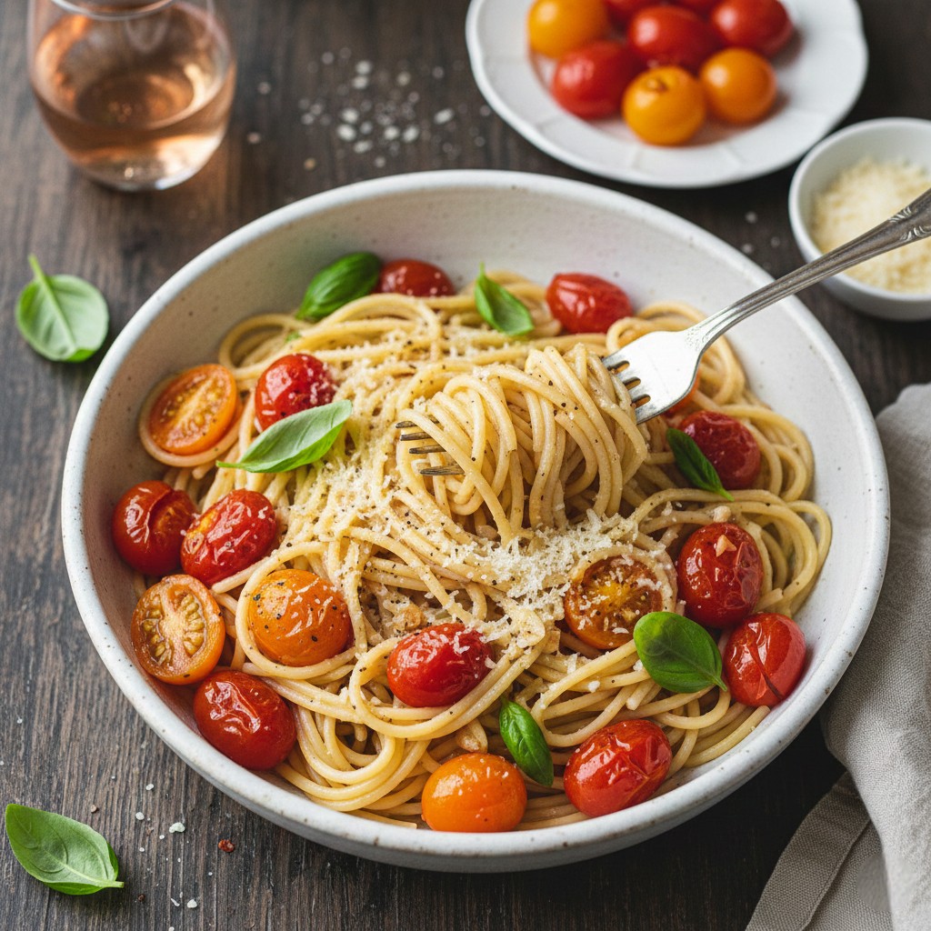 Assiette de pâtes aux tomates cerises et ail