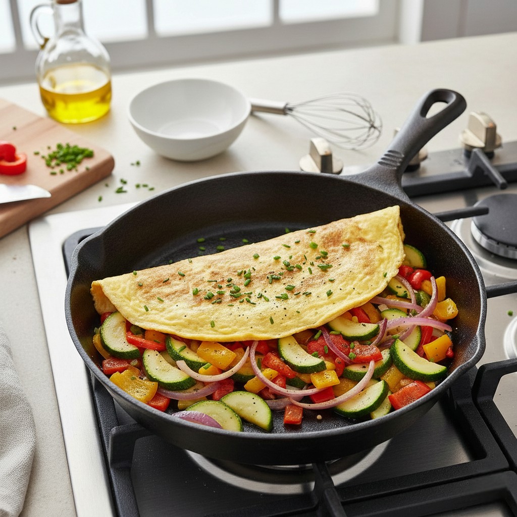 Omelette garnie de légumes dans une poêle