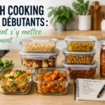 Préparation de plusieurs repas en batch cooking avec des plats et des boîtes de conservation.