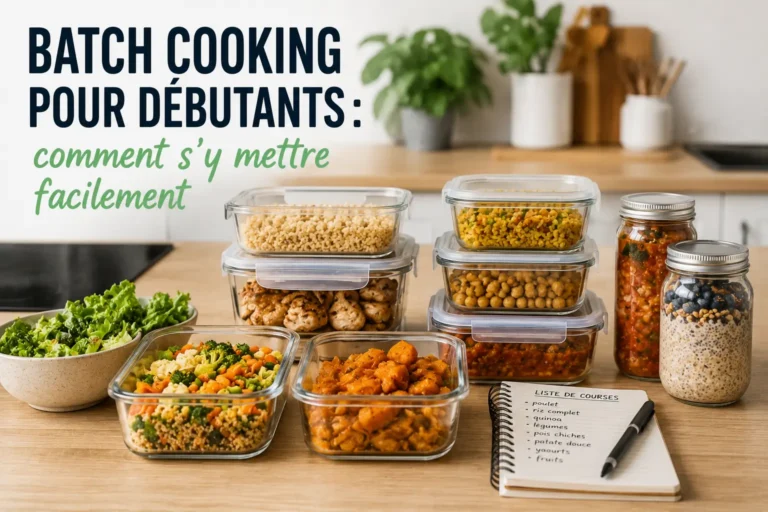 Préparation de plusieurs repas en batch cooking avec des plats et des boîtes de conservation.