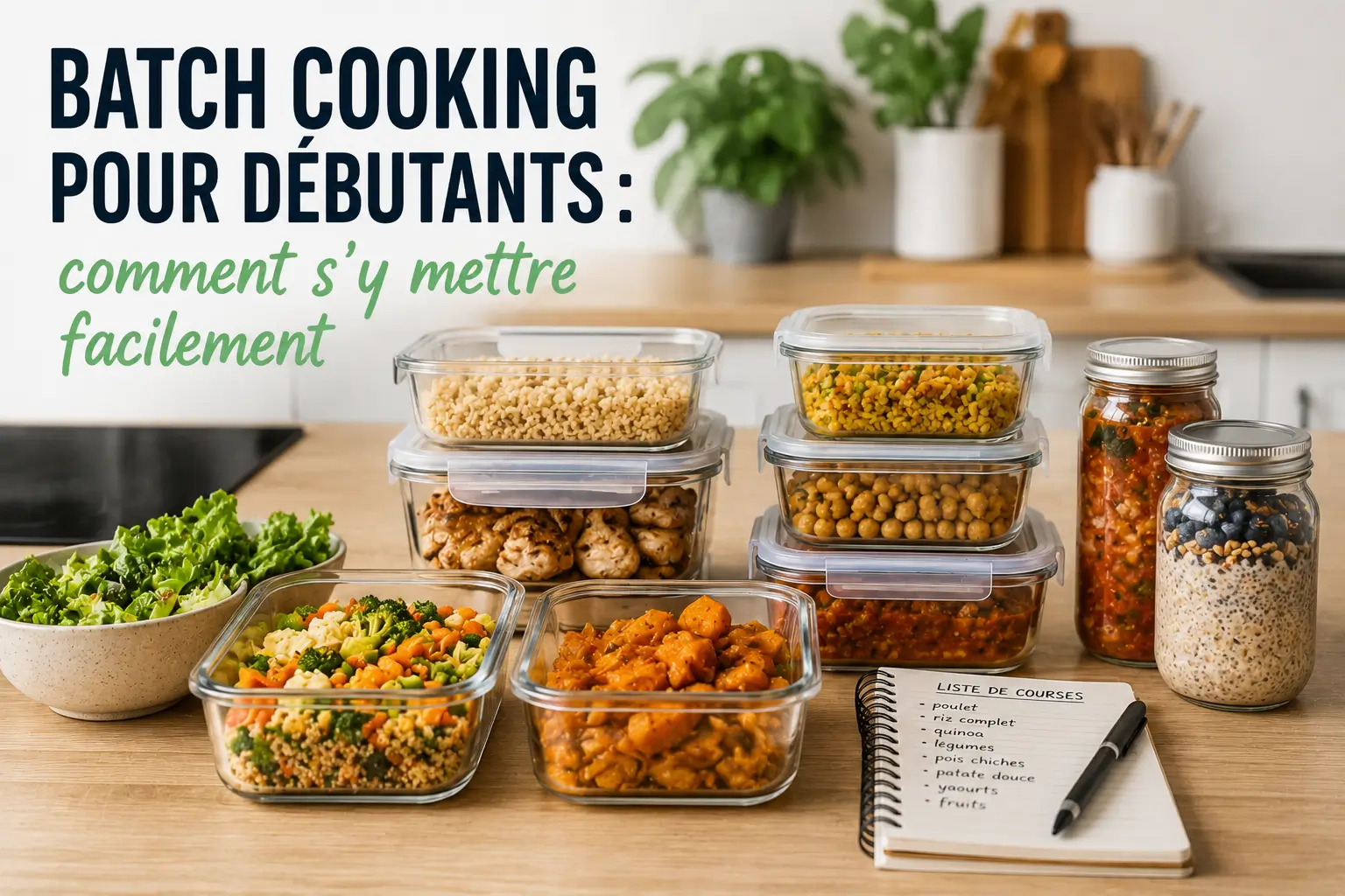 Préparation de plusieurs repas en batch cooking avec des plats et des boîtes de conservation.