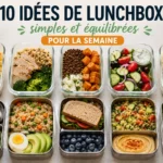 lunch box maison composées d'aliments équilibrés tels que du poulet, du saumon, des pâtes, du riz, des légumes, des fruits et des sandwichs.