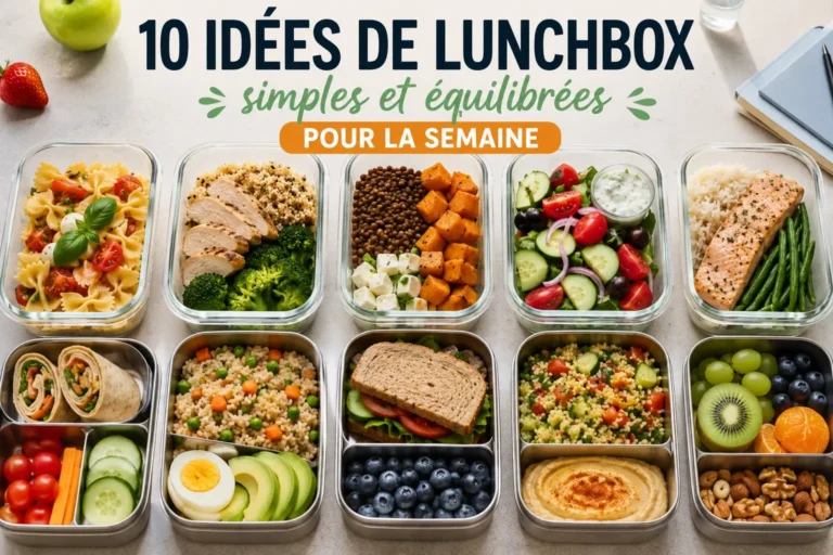lunch box maison composées d'aliments équilibrés tels que du poulet, du saumon, des pâtes, du riz, des légumes, des fruits et des sandwichs.